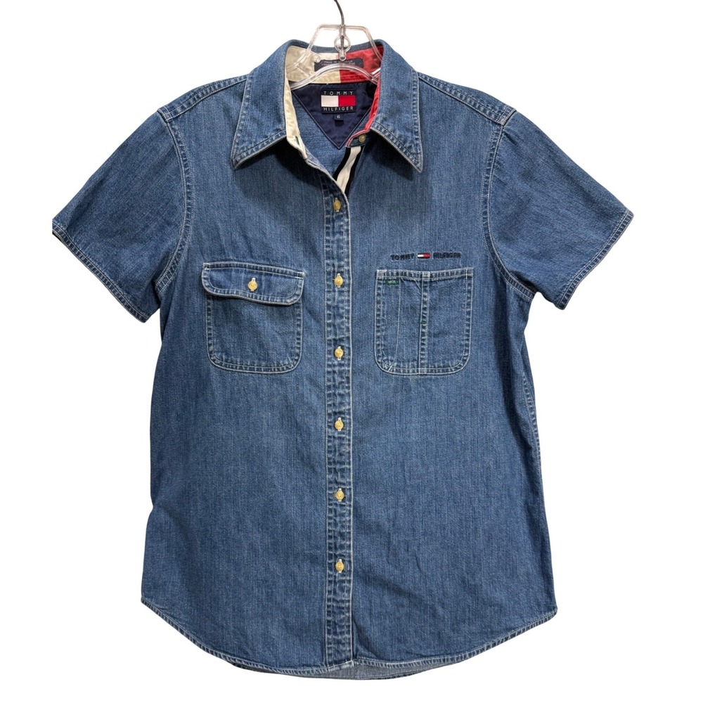 Tommy Hilfiger VTG Denim Shirt Blue Short Sleeve Flag Logo Retro Ribbon Size 6
